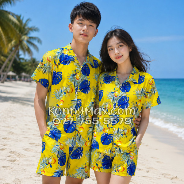 Bộ Áo Sơ Mi Quần Short Hawaiian Trái Đào Vàng Nam Nữ Đi Biển