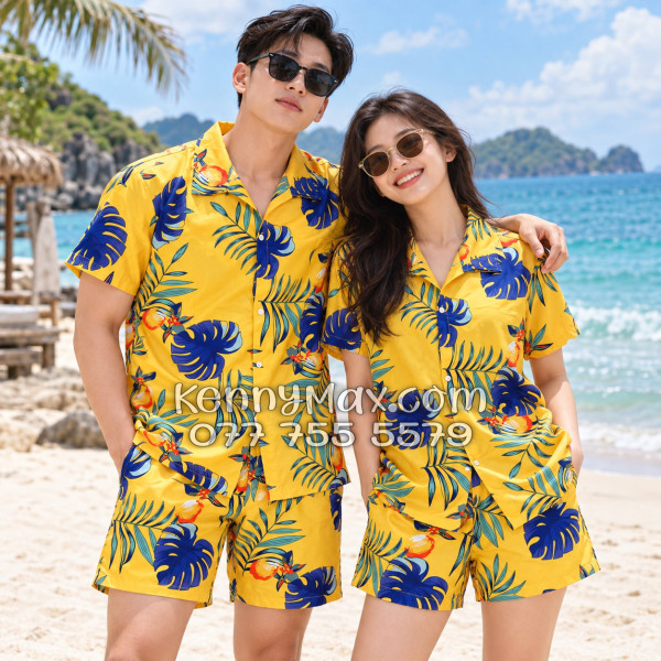 Bộ Áo Sơ Mi Quần Short Hawaiian Trái Đào Vàng Đậm Nam Nữ Đi Biển