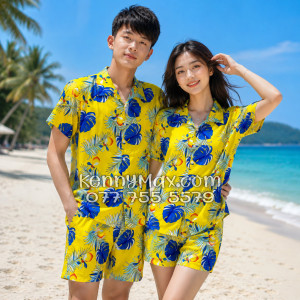 Bộ Áo Sơ Mi Quần Short Hawaiian Trái Đào Vàng Nam Nữ Đi Biển