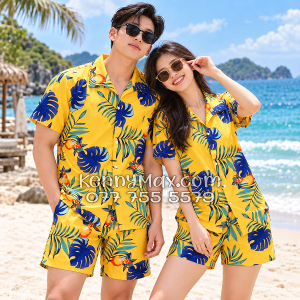 Bộ Áo Sơ Mi Quần Short Hawaiian Trái Đào Vàng Đậm Nam Nữ Đi Biển