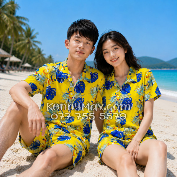 Bộ Áo Sơ Mi Quần Short Hawaiian Trái Đào Vàng Nam Nữ Đi Biển