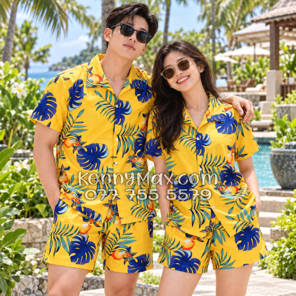 Bộ Áo Sơ Mi Quần Short Hawaiian Trái Đào Vàng Đậm Nam Nữ Đi Biển