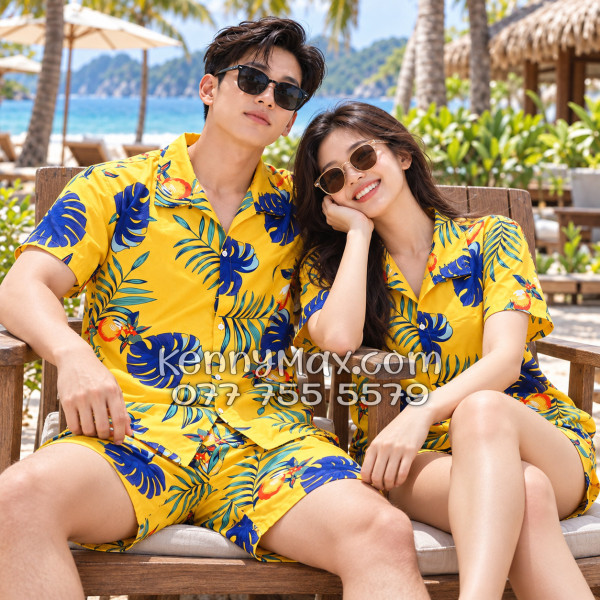 Bộ Áo Sơ Mi Quần Short Hawaiian Trái Đào Vàng Đậm Nam Nữ Đi Biển