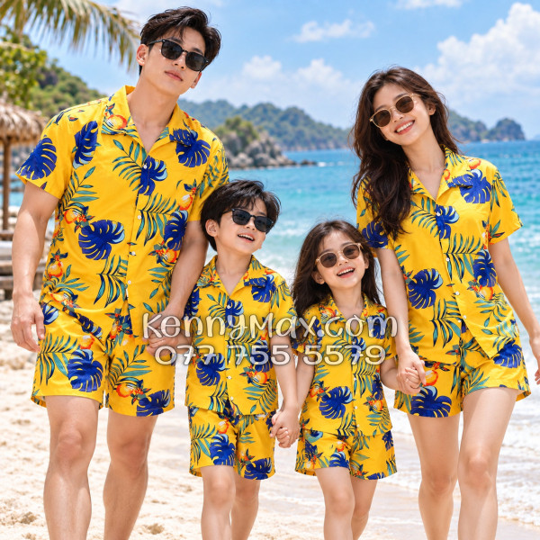 Bộ Áo Sơ Mi Quần Short Hawaiian Trái Đào Vàng Đậm Nam Nữ Đi Biển