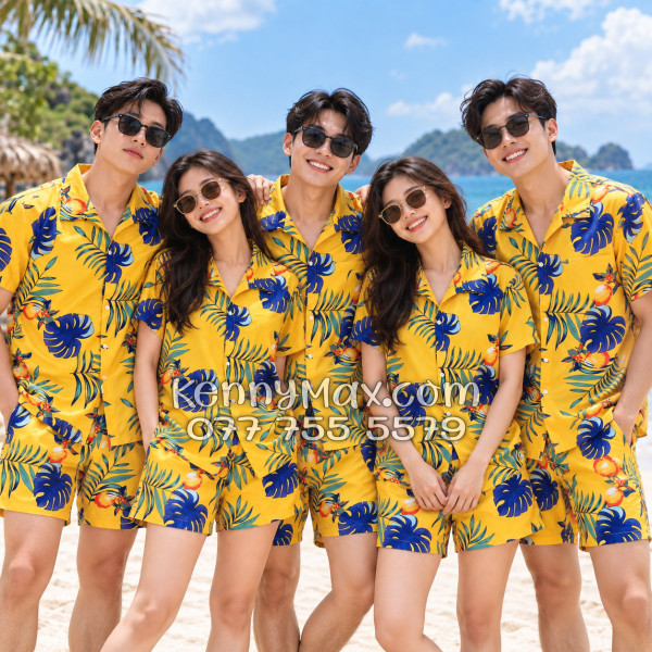 Bộ Áo Sơ Mi Quần Short Hawaiian Trái Đào Vàng Đậm Nam Nữ Đi Biển