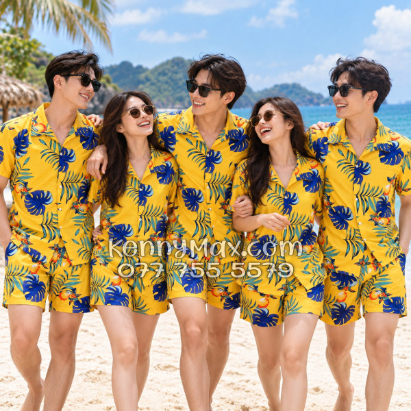 Bộ Áo Sơ Mi Quần Short Hawaiian Trái Đào Vàng Đậm Nam Nữ Đi Biển
