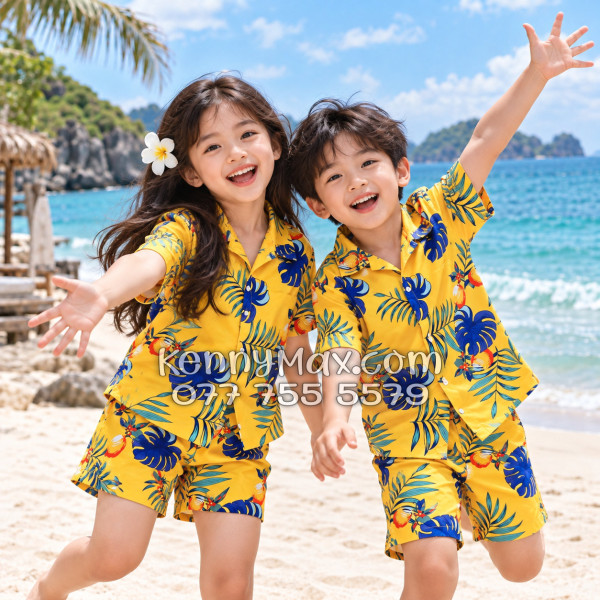 Bộ Áo Sơ Mi Quần Short Hawaiian Trái Đào Vàng Đậm Nam Nữ Đi Biển