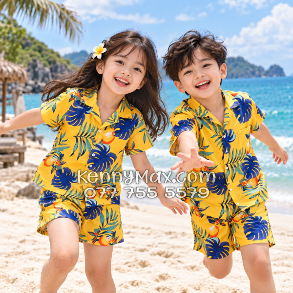 Bộ Áo Sơ Mi Quần Short Hawaiian Trái Đào Vàng Đậm Nam Nữ Đi Biển