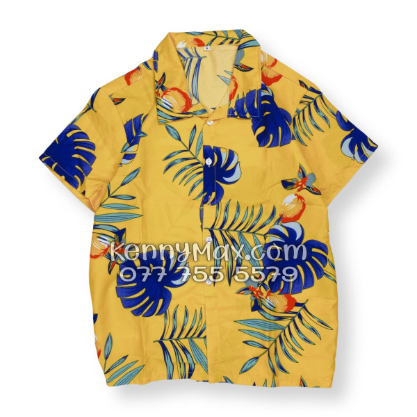 Bộ Áo Sơ Mi Quần Short Hawaiian Trái Đào Vàng Đậm Nam Nữ Đi Biển