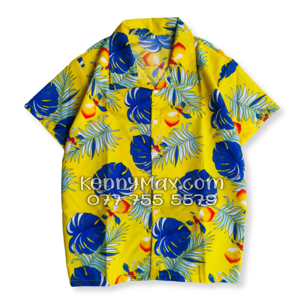 Bộ Áo Sơ Mi Quần Short Hawaiian Trái Đào Vàng Nam Nữ Đi Biển