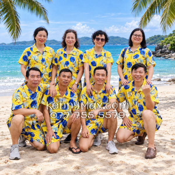 Bộ Áo Sơ Mi Quần Short Hawaiian Trái Đào Vàng Nam Nữ Đi Biển