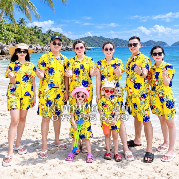 Bộ Áo Sơ Mi Quần Short Hawaiian Trái Đào Vàng Nam Nữ Đi Biển