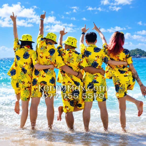 Bộ Áo Sơ Mi Quần Short Hawaiian Trái Đào Vàng Nam Nữ Đi Biển