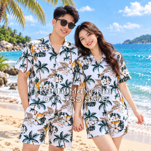 Bộ Áo Sơ Mi Quần Short Hawaiian Thơm Dứa Cây Dừa Hoa Sứ Trắng Nam Nữ Đi Biển