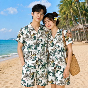 Bộ Áo Sơ Mi Quần Short Hawaiian Thơm Dứa Cây Dừa Hoa Sứ Trắng Nam Nữ Đi Biển