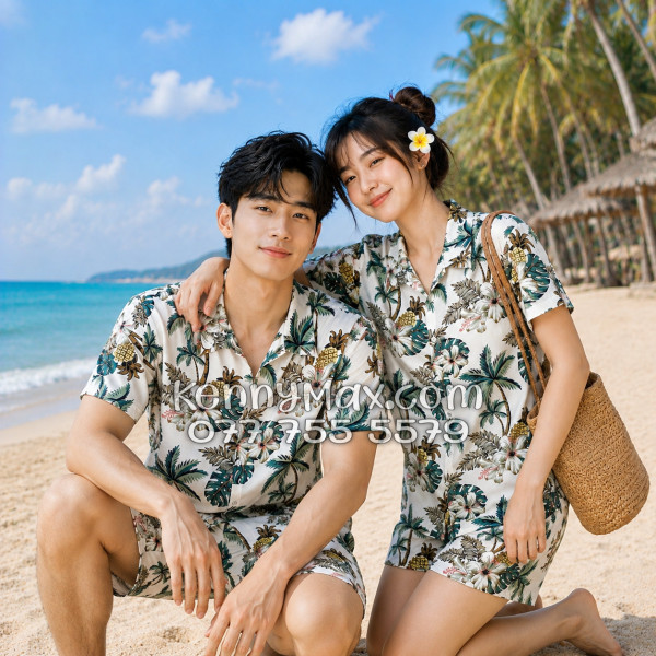 Bộ Áo Sơ Mi Quần Short Hawaiian Thơm Dứa Cây Dừa Hoa Sứ Trắng Nam Nữ Đi Biển
