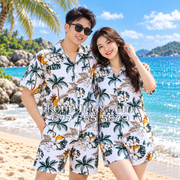 Bộ Áo Sơ Mi Quần Short Hawaiian Thơm Dứa Cây Dừa Hoa Sứ Trắng Nam Nữ Đi Biển