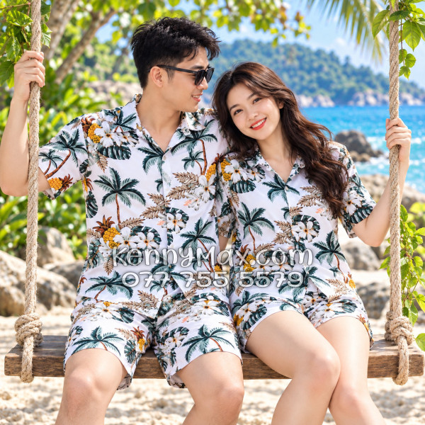 Bộ Áo Sơ Mi Quần Short Hawaiian Thơm Dứa Cây Dừa Hoa Sứ Trắng Nam Nữ Đi Biển