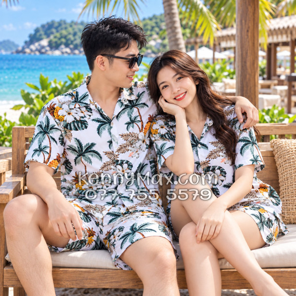 Bộ Áo Sơ Mi Quần Short Hawaiian Thơm Dứa Cây Dừa Hoa Sứ Trắng Nam Nữ Đi Biển