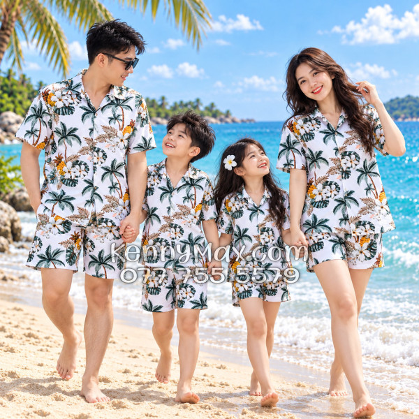 Bộ Áo Sơ Mi Quần Short Hawaiian Thơm Dứa Cây Dừa Hoa Sứ Trắng Nam Nữ Đi Biển