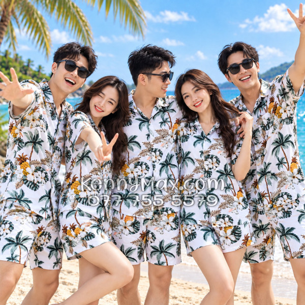 Bộ Áo Sơ Mi Quần Short Hawaiian Thơm Dứa Cây Dừa Hoa Sứ Trắng Nam Nữ Đi Biển