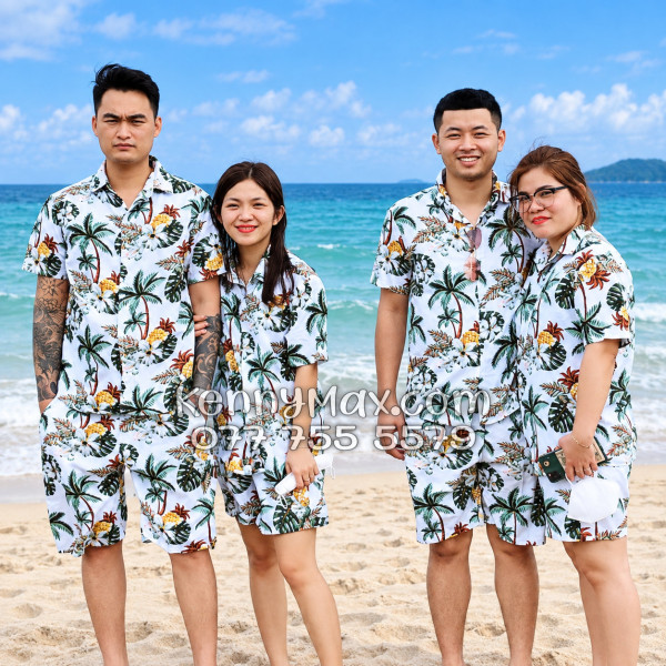 Bộ Áo Sơ Mi Quần Short Hawaiian Thơm Dứa Cây Dừa Hoa Sứ Trắng Nam Nữ Đi Biển