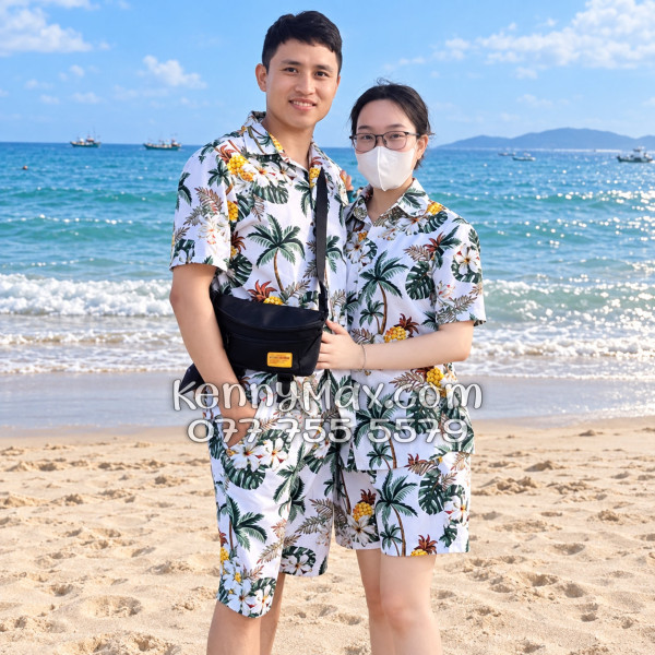 Bộ Áo Sơ Mi Quần Short Hawaiian Thơm Dứa Cây Dừa Hoa Sứ Trắng Nam Nữ Đi Biển
