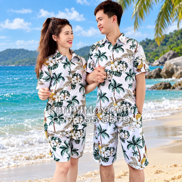 Bộ Áo Sơ Mi Quần Short Hawaiian Thơm Dứa Cây Dừa Hoa Sứ Trắng Nam Nữ Đi Biển