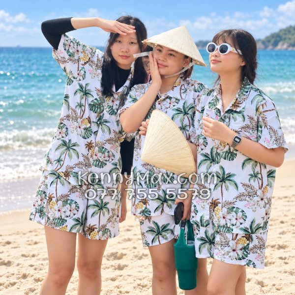 Bộ Áo Sơ Mi Quần Short Hawaiian Thơm Dứa Cây Dừa Hoa Sứ Trắng Nam Nữ Đi Biển