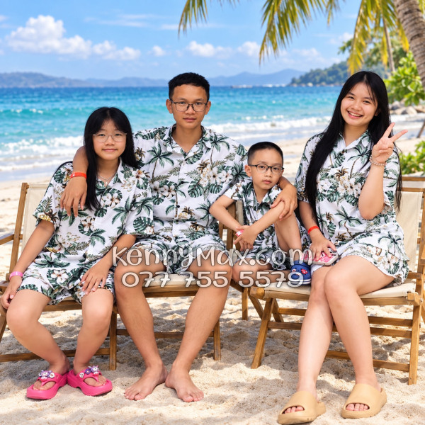 Bộ Áo Sơ Mi Quần Short Hawaiian Thơm Dứa Cây Dừa Hoa Sứ Trắng Nam Nữ Đi Biển