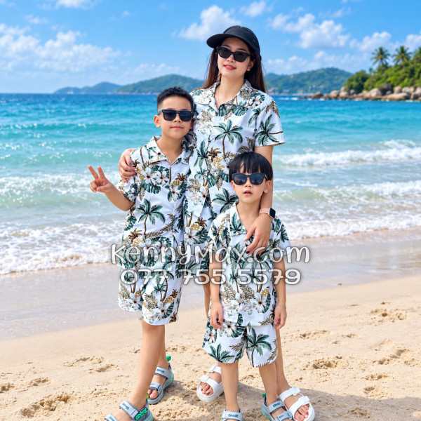 Bộ Áo Sơ Mi Quần Short Hawaiian Thơm Dứa Cây Dừa Hoa Sứ Trắng Nam Nữ Đi Biển