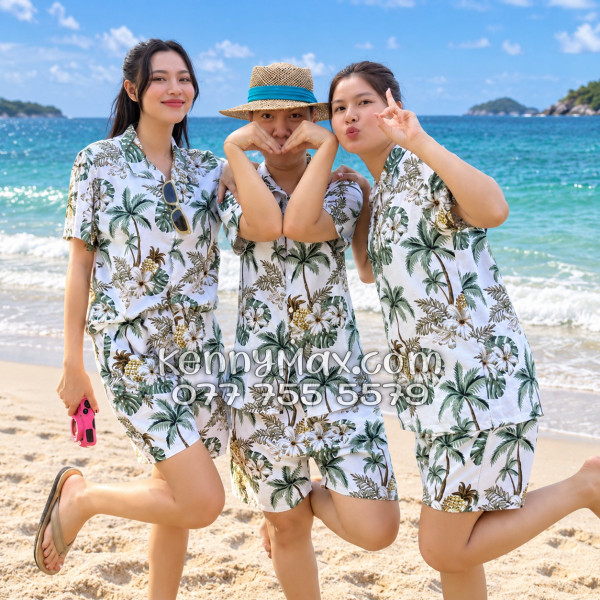 Bộ Áo Sơ Mi Quần Short Hawaiian Thơm Dứa Cây Dừa Hoa Sứ Trắng Nam Nữ Đi Biển
