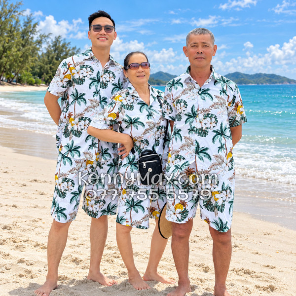 Bộ Áo Sơ Mi Quần Short Hawaiian Thơm Dứa Cây Dừa Hoa Sứ Trắng Nam Nữ Đi Biển