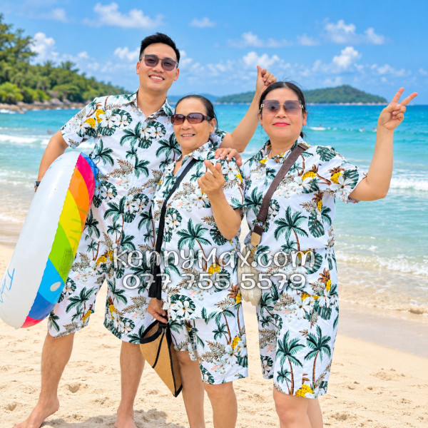 Bộ Áo Sơ Mi Quần Short Hawaiian Thơm Dứa Cây Dừa Hoa Sứ Trắng Nam Nữ Đi Biển