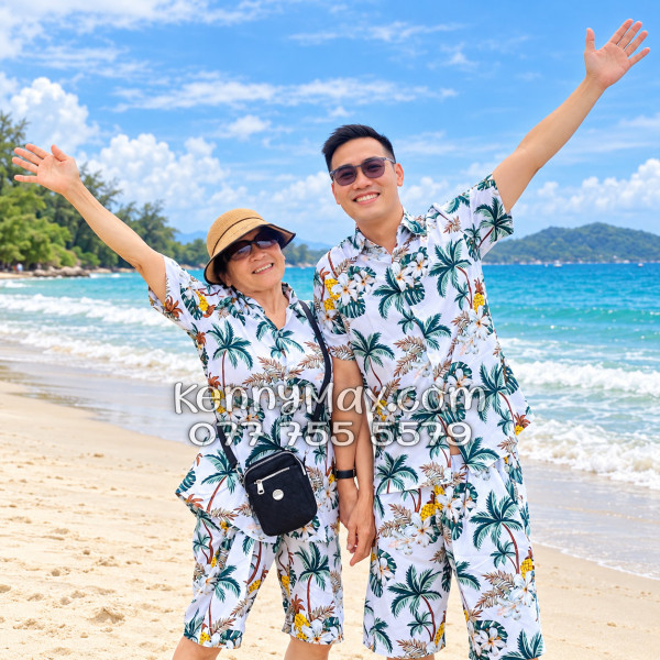 Bộ Áo Sơ Mi Quần Short Hawaiian Thơm Dứa Cây Dừa Hoa Sứ Trắng Nam Nữ Đi Biển