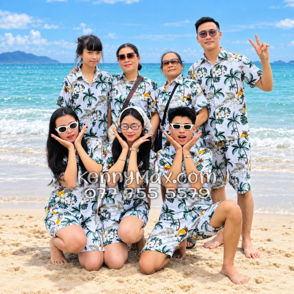 Bộ Áo Sơ Mi Quần Short Hawaiian Thơm Dứa Cây Dừa Hoa Sứ Trắng Nam Nữ Đi Biển