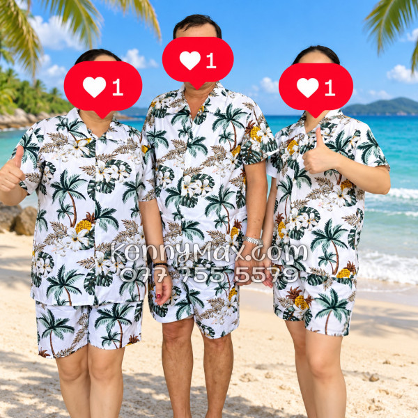 Bộ Áo Sơ Mi Quần Short Hawaiian Thơm Dứa Cây Dừa Hoa Sứ Trắng Nam Nữ Đi Biển
