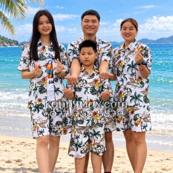 Bộ Áo Sơ Mi Quần Short Hawaiian Thơm Dứa Cây Dừa Hoa Sứ Trắng Nam Nữ Đi Biển