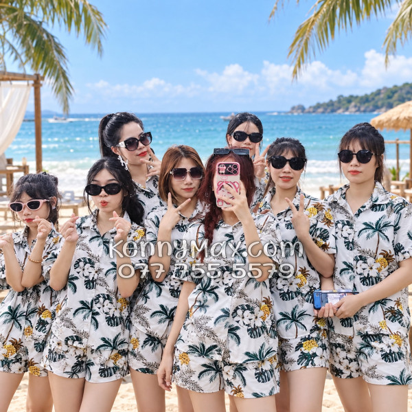 Bộ Áo Sơ Mi Quần Short Hawaiian Thơm Dứa Cây Dừa Hoa Sứ Trắng Nam Nữ Đi Biển