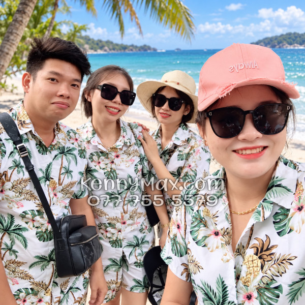 Bộ Áo Sơ Mi Quần Short Hawaiian Thơm Dứa Cây Dừa Hoa Sứ Trắng Nam Nữ Đi Biển