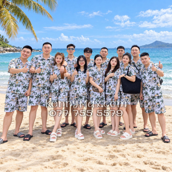 Bộ Áo Sơ Mi Quần Short Hawaiian Thơm Dứa Cây Dừa Hoa Sứ Trắng Nam Nữ Đi Biển