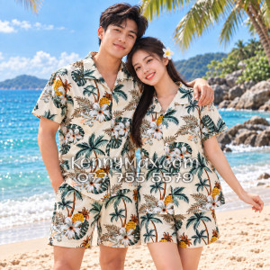 Bộ Áo Sơ Mi Quần Short Hawaiian Thơm Dứa Cây Dừa Hoa Sứ Màu Kem Nhạt Nam Nữ Đi Biển