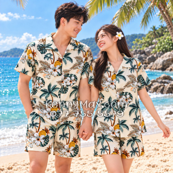 Bộ Áo Sơ Mi Quần Short Hawaiian Thơm Dứa Cây Dừa Hoa Sứ Màu Kem Nhạt Nam Nữ Đi Biển