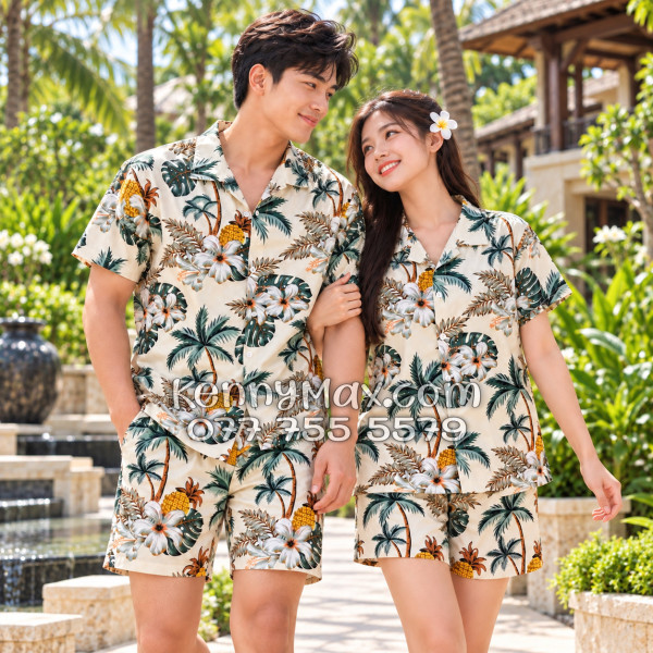 Bộ Áo Sơ Mi Quần Short Hawaiian Thơm Dứa Cây Dừa Hoa Sứ Màu Kem Nhạt Nam Nữ Đi Biển