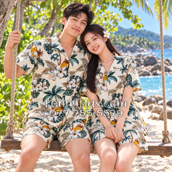 Bộ Áo Sơ Mi Quần Short Hawaiian Thơm Dứa Cây Dừa Hoa Sứ Màu Kem Nhạt Nam Nữ Đi Biển