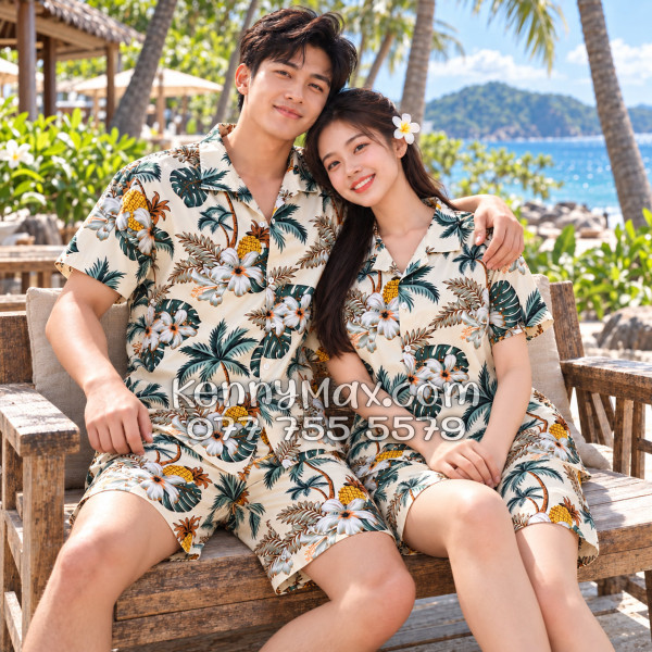 Bộ Áo Sơ Mi Quần Short Hawaiian Thơm Dứa Cây Dừa Hoa Sứ Màu Kem Nhạt Nam Nữ Đi Biển