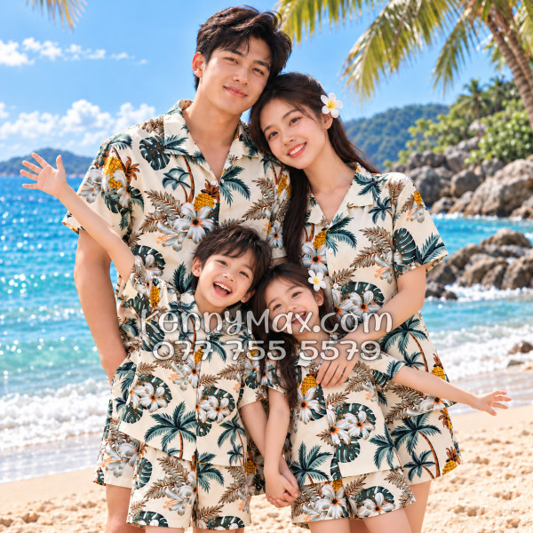 Bộ Áo Sơ Mi Quần Short Hawaiian Thơm Dứa Cây Dừa Hoa Sứ Màu Kem Nhạt Nam Nữ Đi Biển