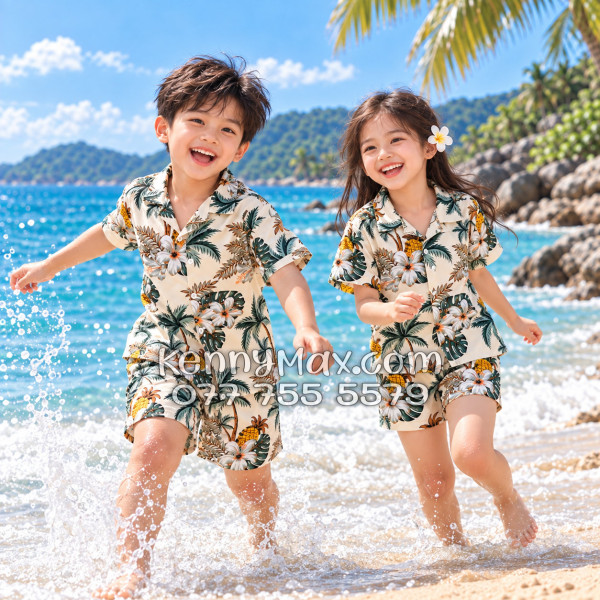 Bộ Áo Sơ Mi Quần Short Hawaiian Thơm Dứa Cây Dừa Hoa Sứ Màu Kem Nhạt Nam Nữ Đi Biển
