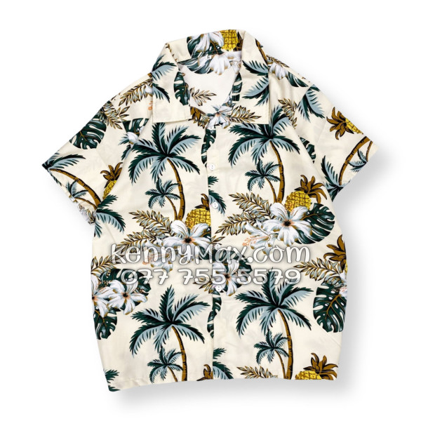 Bộ Áo Sơ Mi Quần Short Hawaiian Thơm Dứa Cây Dừa Hoa Sứ Màu Kem Nhạt Nam Nữ Đi Biển