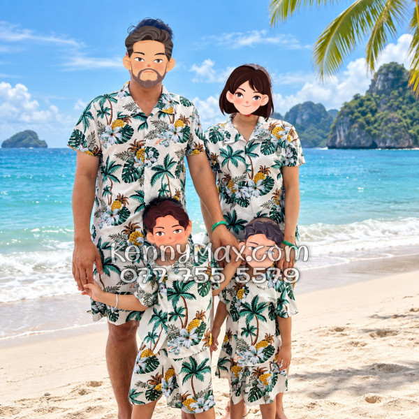 Bộ Áo Sơ Mi Quần Short Hawaiian Thơm Dứa Cây Dừa Hoa Sứ Màu Kem Nhạt Nam Nữ Đi Biển
